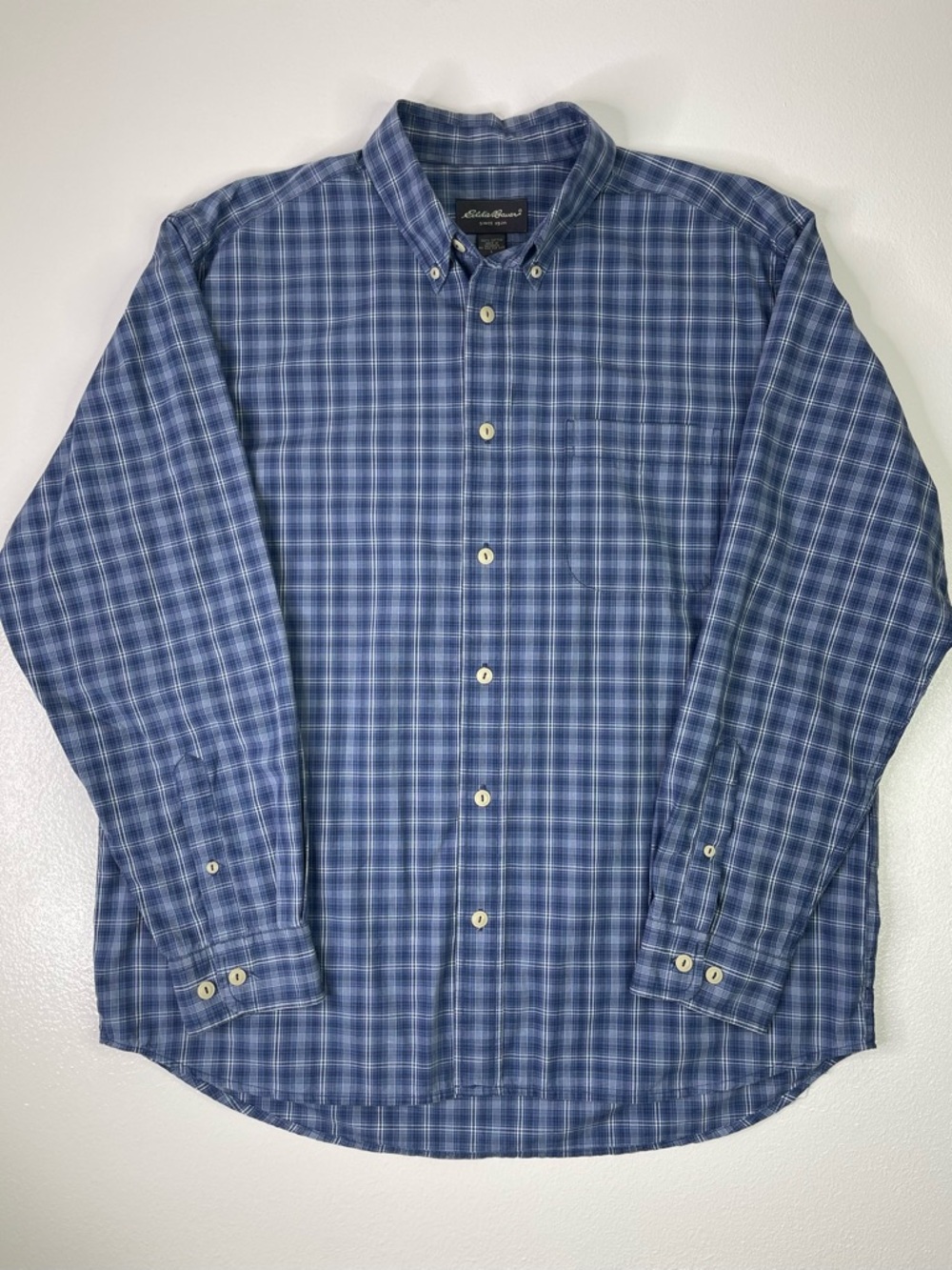 Eddie Bauer Classic Fit Blue Plaid 100% Cotton Button Down Shirt Large